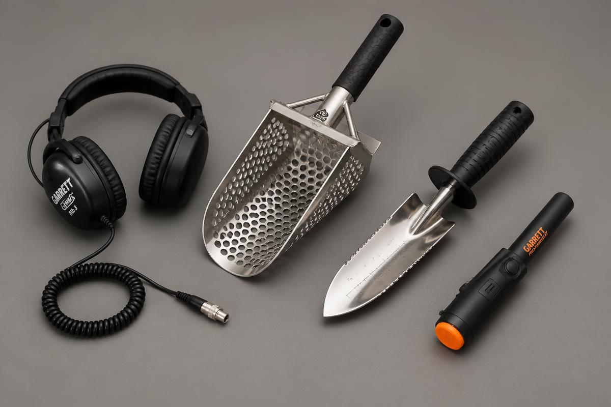 Metal detecting accessories: headphones, sand scoop, digging trowel and pinpointer