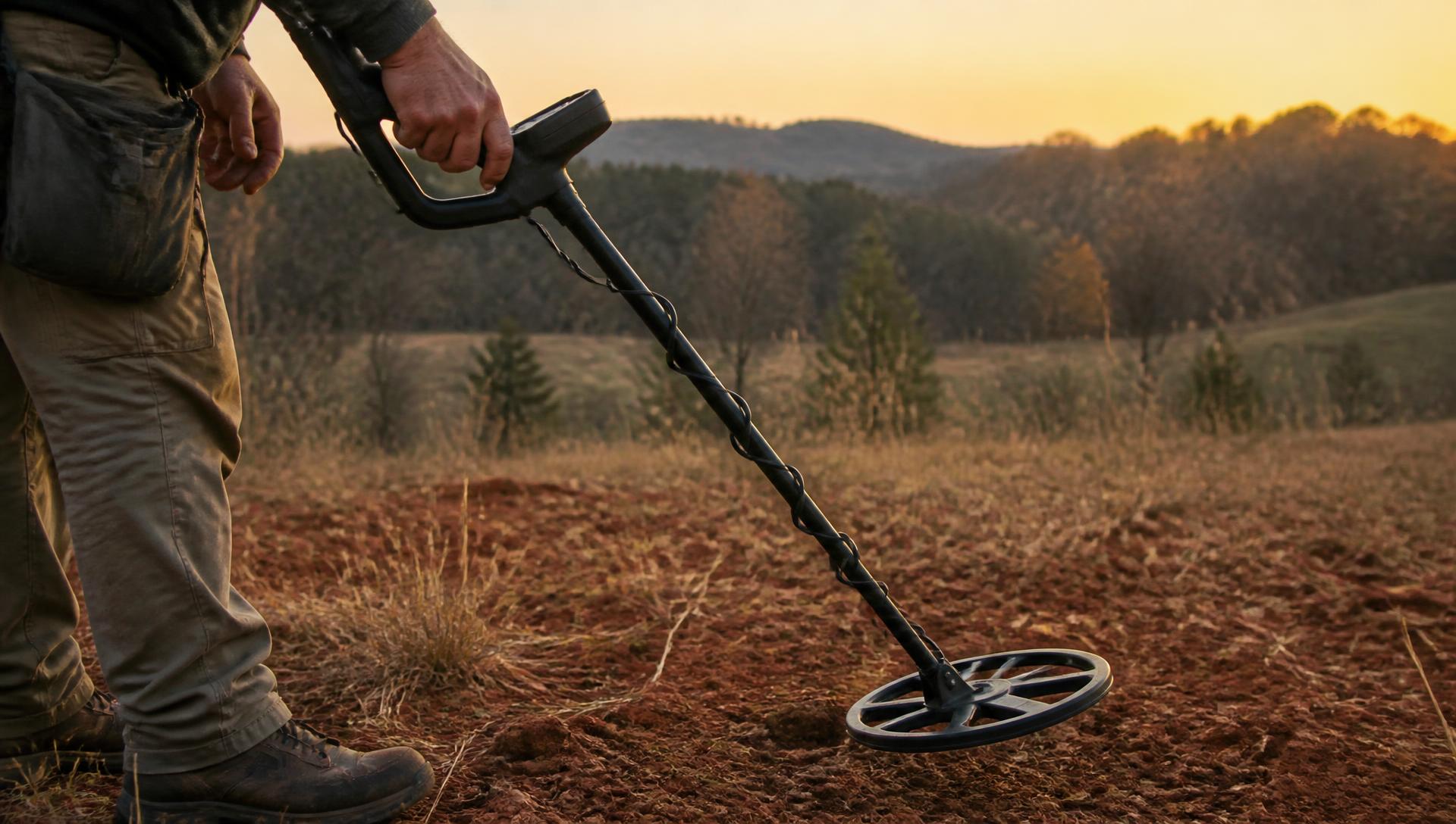 Detectorist sweeping a metal detector coil over red clay soil in a North Carolina field at sunset